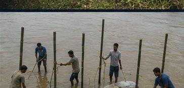 Workers driving a line of bamboo piles into a shallow channel