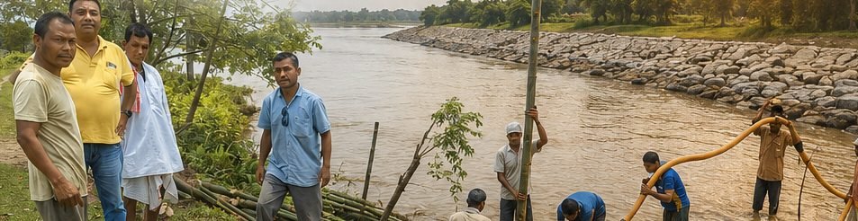Wide view of a river reach with the crew working along a protected bank