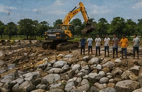 Excavator placing stone on a road formation with the crew alongside