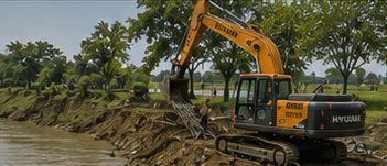 Hydraulic excavator working on a river bank formation
