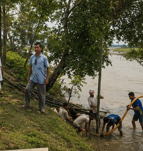 Supervisor and workers moving bamboo poles down a river bank