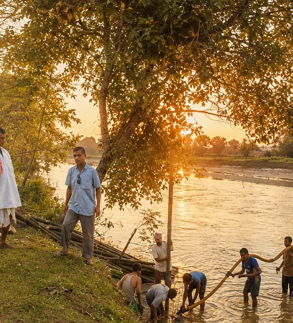Field crew working a riverbank at sunset, guiding a fill line into the water