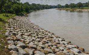 Completed boulder and geo-bag revetment running along a river bank