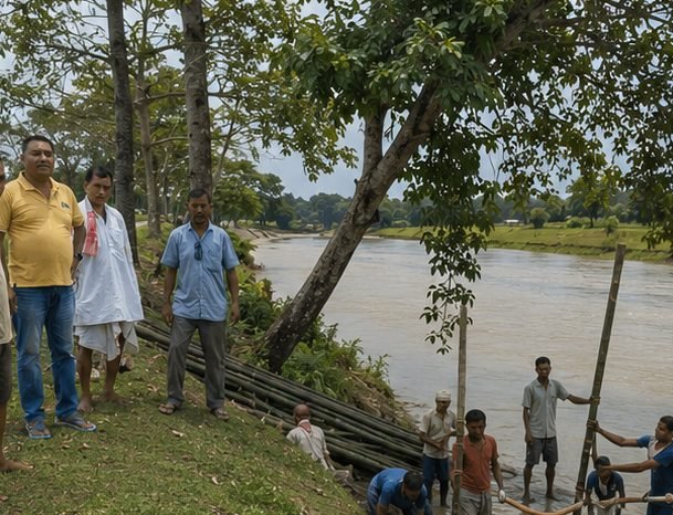SkyShilp team and villagers standing on a riverbank looking over the work area