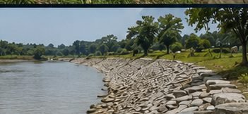 Completed stone pitching along a curved river bank under open sky